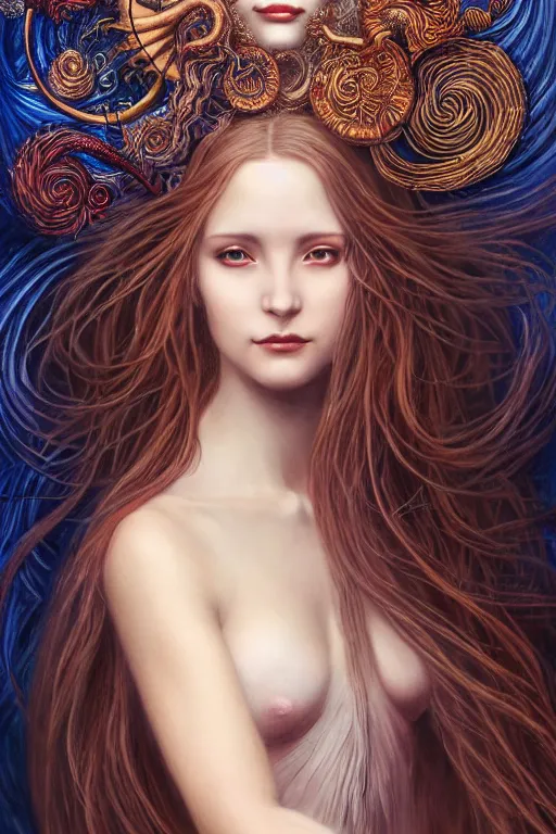 Prompt: portrait of a young female wizard in flowing sensual dress, long fine flowing hair, delicate, looking at camera, slightly smiling, realistic face, stylish, elegant, grimdark fantasy, extremely detailed painting inspired by Gerald Brom and Ernst Haeckel and Carvaggio , studio lighting