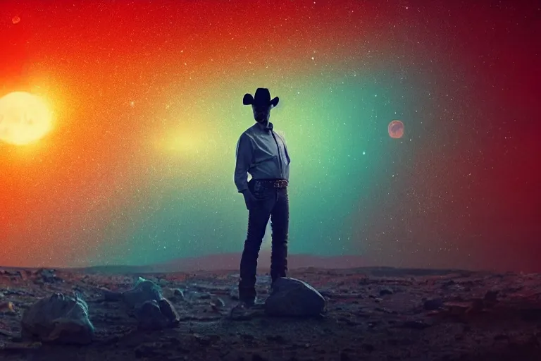 Image similar to old western cowboy with hand on hip on posing to camera on mars, distant background, red lighting, digital art, acrylic, colorful, ominous, moonlight, bokeh, depth of field, synthwave, psychedelic, glitch, acrylic, flooko, detailed, cybernetic, sci-fi, glows,