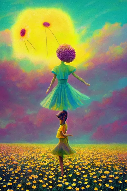 Image similar to giant daisy flower as head, girl dancing in a flower field, surreal photography, sunrise, dramatic light, impressionist painting, colorful clouds, digital painting, artstation, simon stalenhag