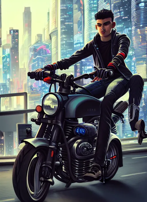 Image similar to photo of cyberpunk male teenager riding on a motorcyle in the style of stefan kostic, realistic, sharp focus, 8 k high definition, insanely detailed, intricate, elegant, art by stanley lau and artgerm