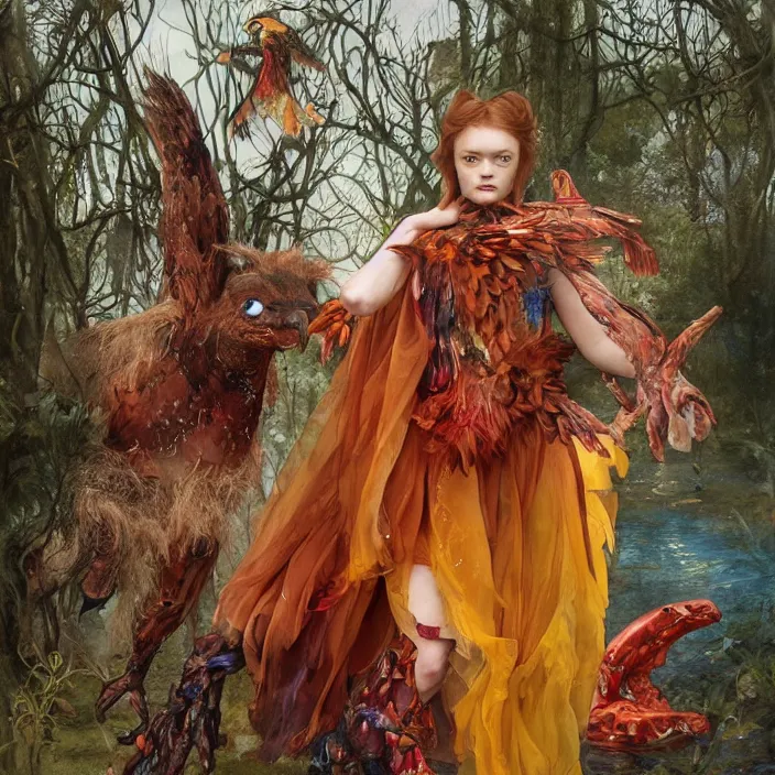 Prompt: a fashion editorial of sadie sink with hooves as a brightly colored eagle amphibian hybrid super hero witch with wet translucent mutated scaled skin. wearing a infected organic dress. by tom bagshaw, donato giancola, hans holbein, walton ford, gaston bussiere, peter mohrbacher, brian froud and iris van herpen. 8 k, cgsociety