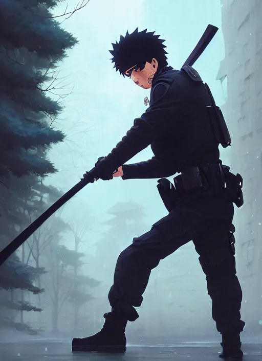 Prompt: highly detailed polish policeman fighting with katana wielding naruto uzumaki with black hair, fighting with polish policeman art by greg rutkowski, loish, rhads, ferdinand knab, makoto shinkai and lois van baarle, ilya kuvshinov, rossdraws, tom bagshaw, global illumination, radiant light, detailed and intricate environment