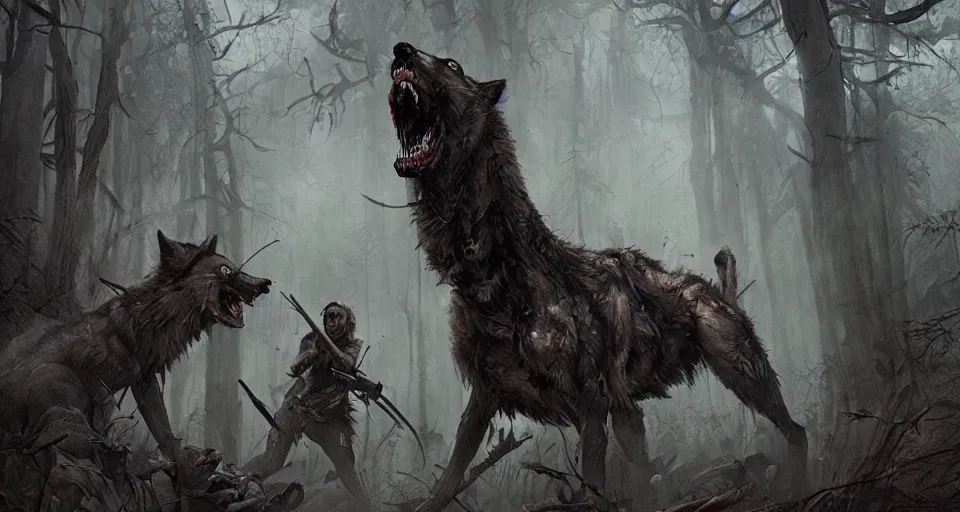 Image similar to an epic action concept masterpiece of a rabid wolfpack, in a forest made of nightmares, horrific digital art, extremely moody lighting, style of magali villeneuve