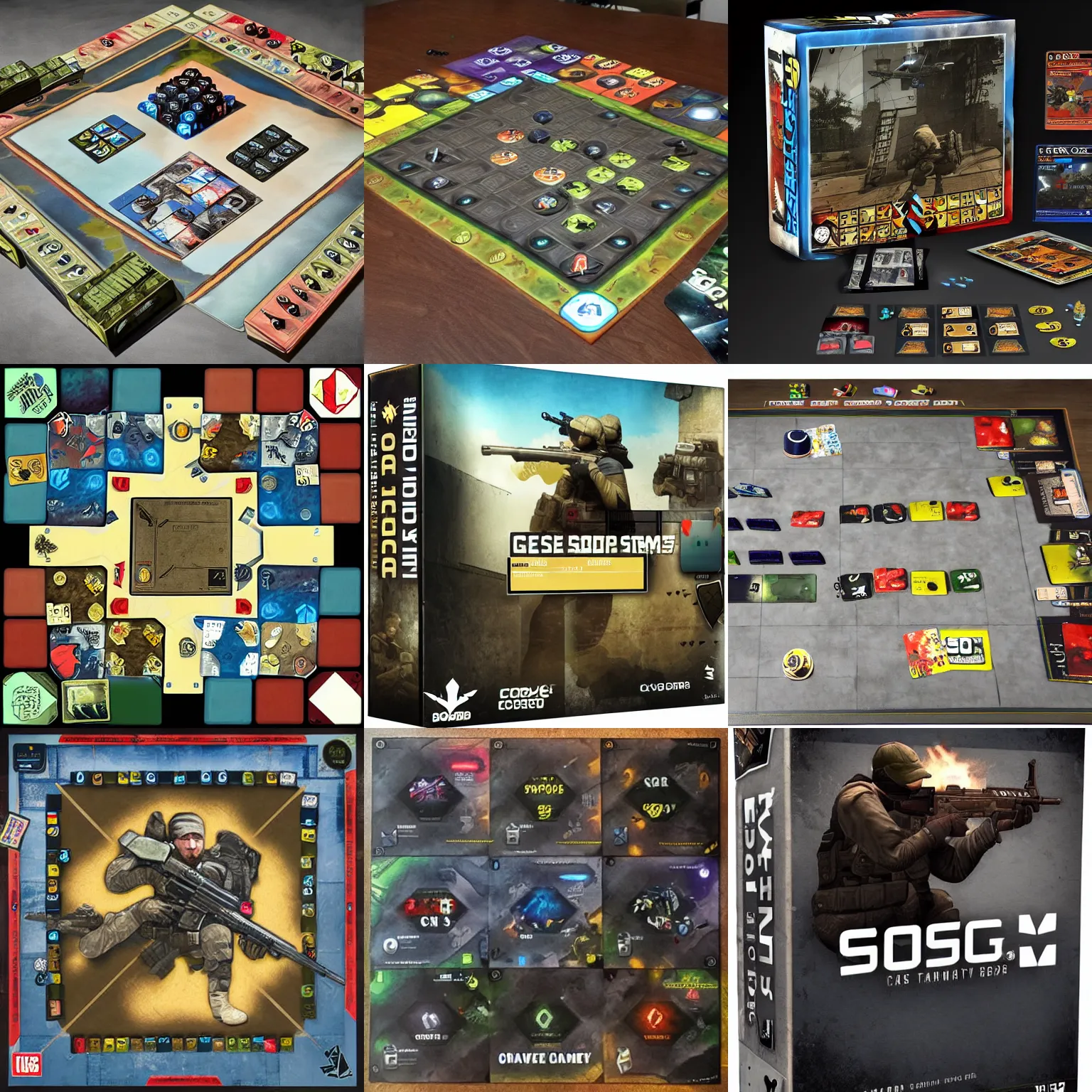 Prompt: cs go as board game box, kid, bright, funny, c4, multiplayer