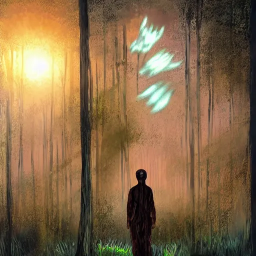 Image similar to a dirty lost person is following a floating blue glowing ball of light through the swampy forest, art by Afda Trihatma .