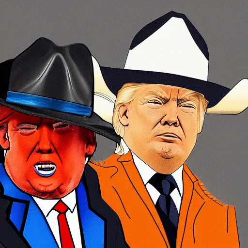 Image similar to Donald Trump dressed as a cowboy next to a horse, very detailed, sharp, 2d, 4k