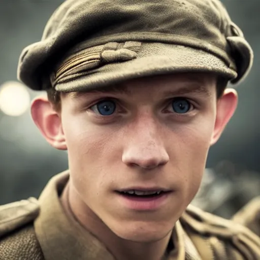 Image similar to tom holland as a british ww 2 soldier during the battle of dunkirk, highly detailed, cinematic lighting, photorealistic