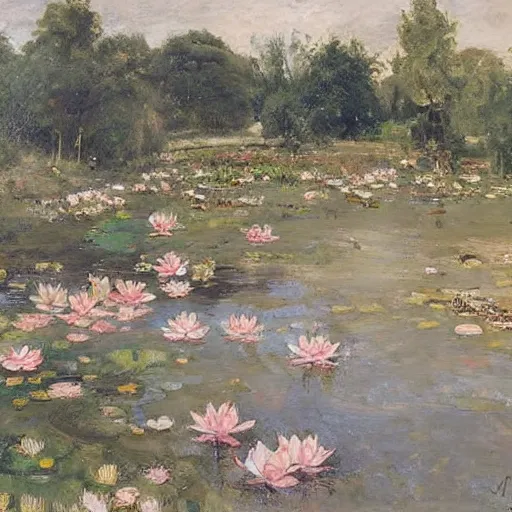 Prompt: lotus pond, Adolph Menzel