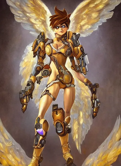 Prompt: full body oil painting of tracer overwatch in the style of frank frazetta, angel wings, angelic golden armor, dramatic painting, symmetrical composition, ornate, golden chains, high detail, gold detailed collar!!!!!, blooming, angelic, lights, flowers, heavenly, bright, detailed face,