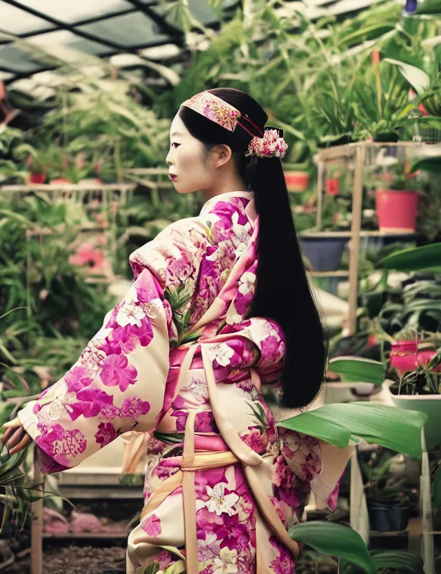 Prompt: fashion photograph of a beautiful Japanese woman wearing a traditional kimono in an orchid greenhouse, by Annie Leibowitz, extremely detailed, large format camera, Fuji Provia film, 85mm lens, bokeh, bokeh, blurred background, photorealistic, trending on instagram, trending on artstation