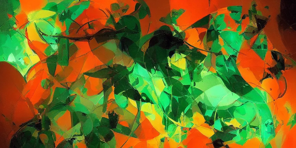 Prompt: green and orange intricate fractal abstraction, artstation, ryan hewett, mike mignola