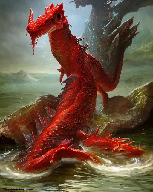 Image similar to game character beautiful giant huge kaiju sized pond dragon half fish half salamander, sea dragon, wet amphibious skin, red salamander, axolotl creature, koi pond, korean village by Ruan Jia and Gil Elvgren, fullbody