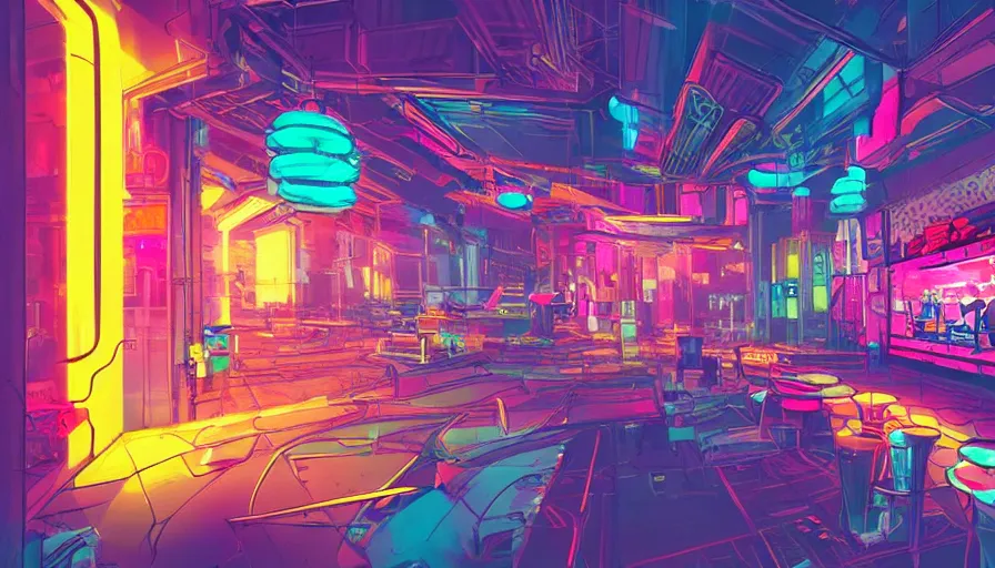 Image similar to concept art for a cyberpunk beehive, interior design, bright colors, neon signs