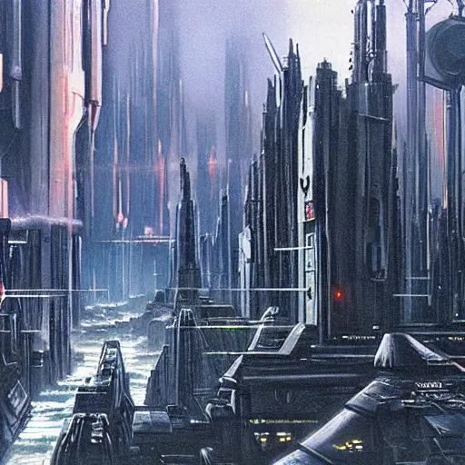 Prompt: dystopian evil cyberpunk cityscape, giant spires and buildings, 1 9 7 0 s star wars concept art painting