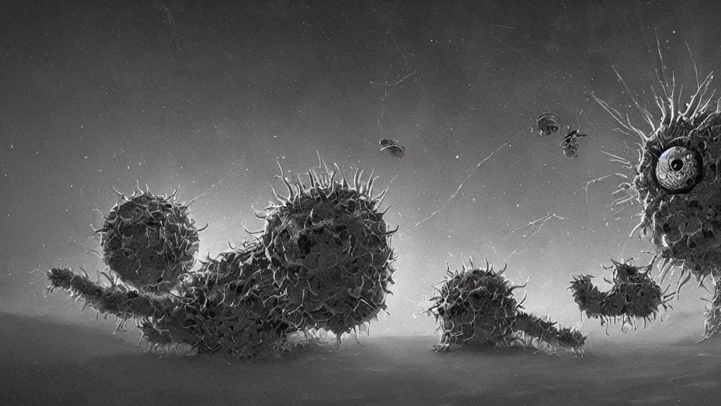 Image similar to a beautiful microscopic scientific photo of a coronavirus and a strange life form seen through an electron microscope, dark, sinister, detailed, art by Greg Rutkowski