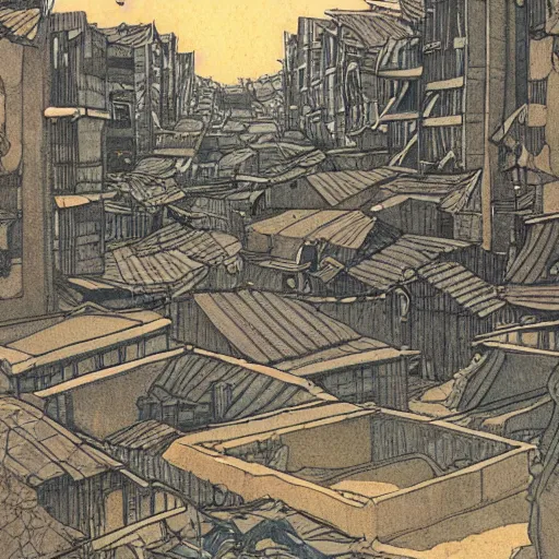 Image similar to slums in south africa, drawing by moebius