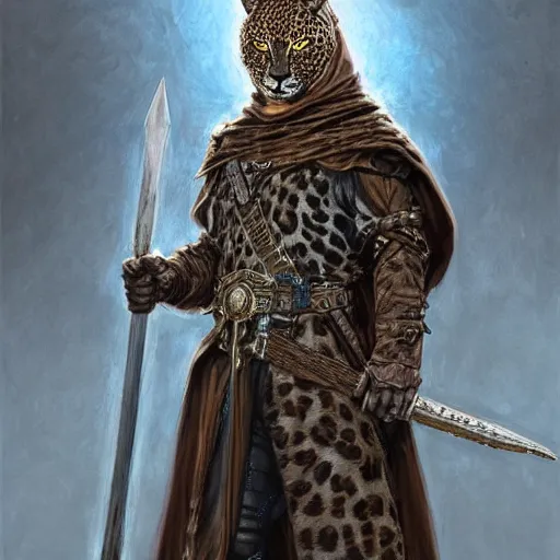 Image similar to Leopard headed hooded knight as a fantasy D&D character, portrait art by Donato Giancola and James Gurney, digital art, trending on artstation