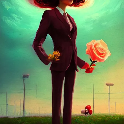 Image similar to closeup, huge rose flower under head, frontal, girl in a suit, surreal photography, sunrise, dramatic light, impressionist painting, digital painting, artstation, simon stalenhag