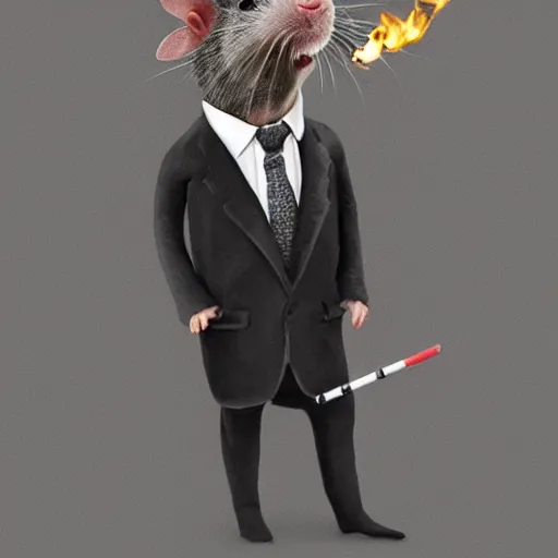 Image similar to hyperrealistic rat in a suit smoking a cigarette after a long day of worm