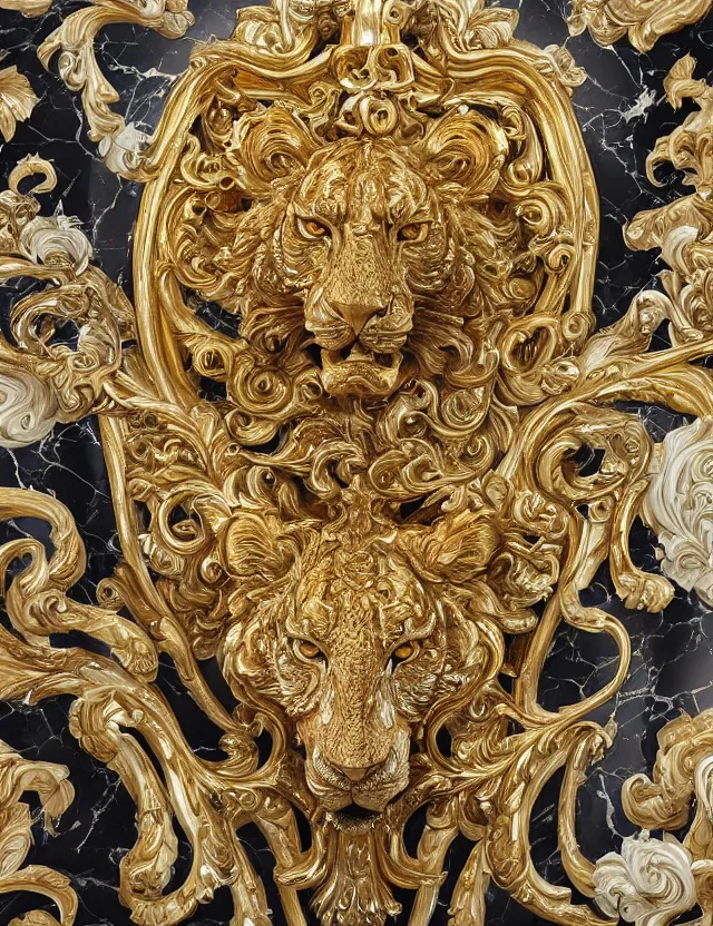 Prompt: beautiful portrait of a large ornate and intricate rococo carved marble and gold tiger face, 3 d, photorealistic, hyper detailed, gold plated on white marble, wallpaper pattern