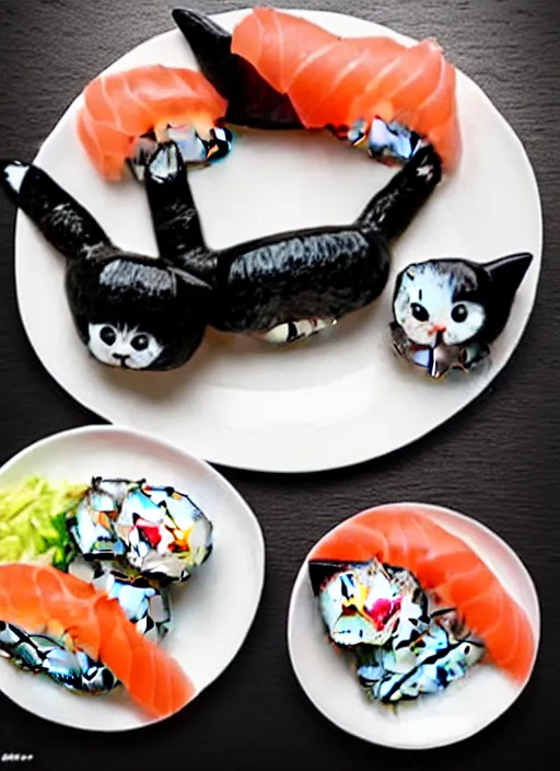 Image similar to clear photorealistic picture of adorable cats made out of sushi