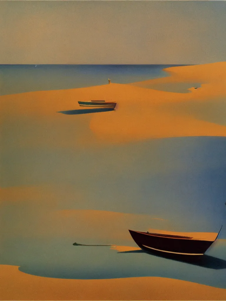 Image similar to a neo retro poster a boat near dune du Pilat, australian tonalism, pale gradients design, matte drawing, clean and simple design, outrun color palette. painted by Morandi, Agnes Pelton