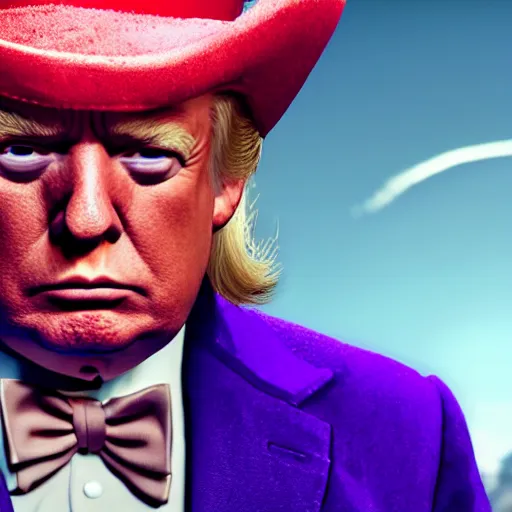 Image similar to portrait of donald trump as willy wonka in skyrim, fantasy, splash art, avengers movie, movie still, detailed face, photorealistic facial features, cinematic lighting, dramatic, octane render, long lens, shallow depth of field, bokeh, anamorphic lens flare, 8 k, hyper detailed, 3 5 mm film grain