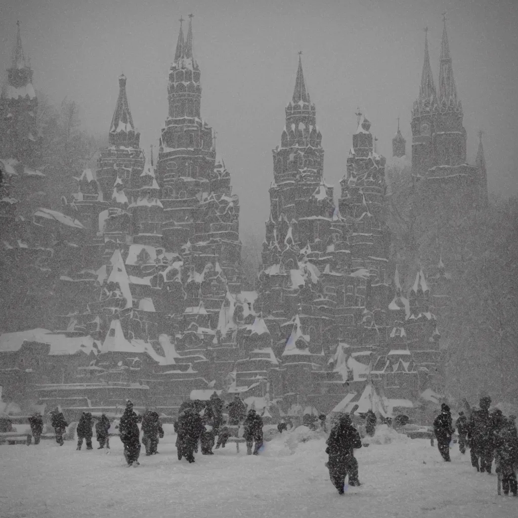 Image similar to minions serving under stalin, with a background of the kremlin in snow, sepia tone picture