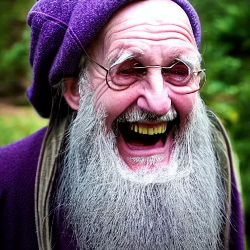 Image similar to an old druid wizard, bald, bushy grey eyebrows, long grey hair, disheveled, wise old man, wearing a grey wizard hat, wearing a purple detailed coat, a bushy grey beard, sorcerer, he is a mad old man, laughing and yelling