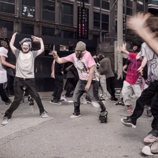 Image similar to a group of homeless people dancing to rave music,