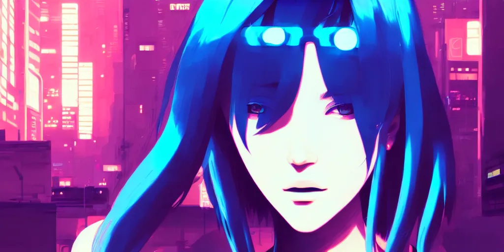 Image similar to digital illustration closeup of cyberpunk pretty girl with blue hair in city street at night by makoto shinkai, ilya kuvshinov, lois van baarle, rossdraws, basquiat