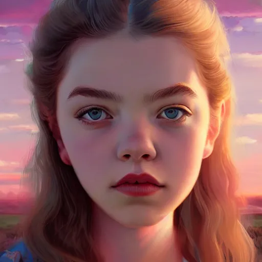 Image similar to a beautiful scenic painting of a beautiful young girl that looks like anya taylor - joy by artgerm and wlop and wes anderson and spike jonze