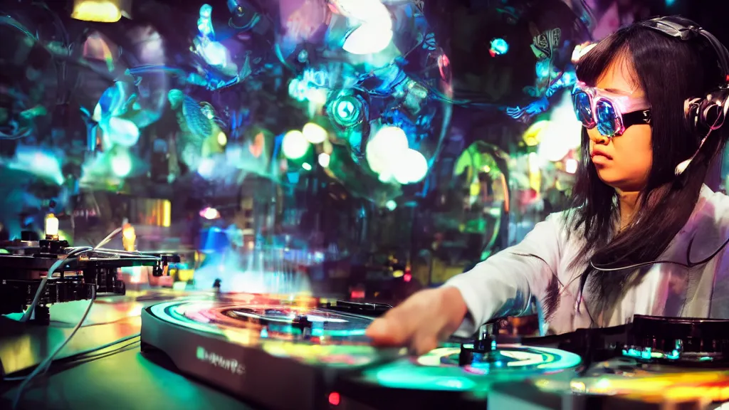 Image similar to an asian woman wearing goggles and visor and headphones using an intricate clockwork record player turntable contraption, robot arms, turntablism dj scratching, intricate planetary gears, smoky atmosphere, cinematic, sharp focus, led light strips, bokeh, iridescent, black light, fog machine, hazy, lasers, spotlights, motion blur, color