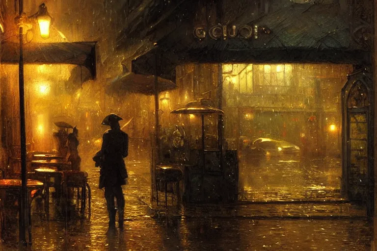 Image similar to A small cafe at night during rain, moody scene, highly detailed, intricate, sharp details, dystopian mood, 1950 scene by gaston bussiere, craig mullins, somber lighting, drawn by Giacomo Burattini, inspired by graphic novel cover art