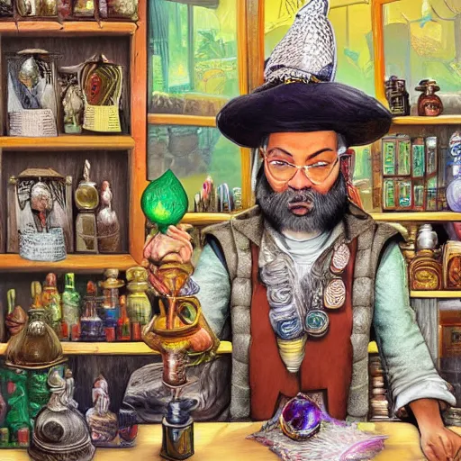 Prompt: MTG artwork of Anthro parrot trader in his shop, shelves full, selling a gem, portrait, items, magic potions, carpet, window, fancy funny hat, sly expression , cunning expression, cute expression, presenting magic gem, D&D, fantasy, cinematic lighting, highly detailed, digital painting, artstation, concept art, smooth, sharp focus, illustration, warm light, cozy warm tint, magic the gathering artwork, volumetric lighting, 8k, no gold, no gold colours, art by Akihiko Yoshida and Greg Rutkowski