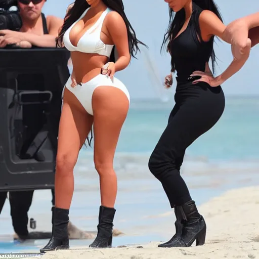 Image similar to kim kardashian fights ariana grande on hot sunny beach