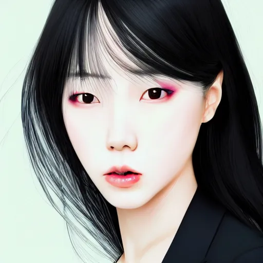 Image similar to portrait of a beautiful korean girl wearing a men's tuxedo, with long hair and bangs, angular features, angry expression, digital art, elegant pose, detailed illustration