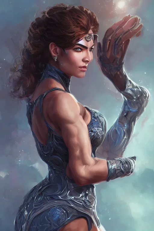 Image similar to three quarters portrait pose of a beautiful woman, strong body,super heroine costume,super powers, fantasy, intricate, elegant, highly detailed, digital painting, artstation, concept art,shining, sharp focus, illustration, art by Stanley Lau