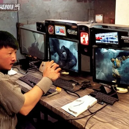 Prompt: Genghis Khan playing Counter Strike in a net cafe on a PC from the 2000s