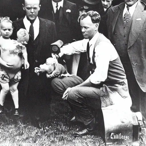 Image similar to Charles Lindbergh trying to keep anyone from finding out he actually ate the baby, 1930s photograph