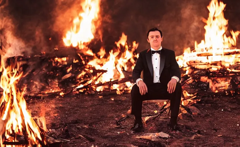 Image similar to a man wearing a tuxedo sitting in the middle of a bonfire