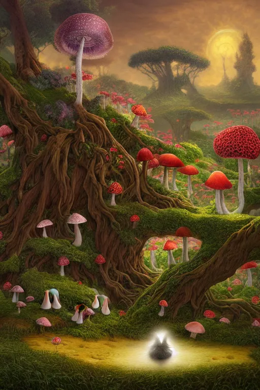 Image similar to a beautiful digital illustration painting of a detailed fantasy cats and roots, mushroom, flowers by benoit b. mandelbrot, steven belledin, martin johnson heade, lee madgwick, caspar david friedrich, and david rios ferreira. 8 k resolution trending on artstation concept art digital illustration