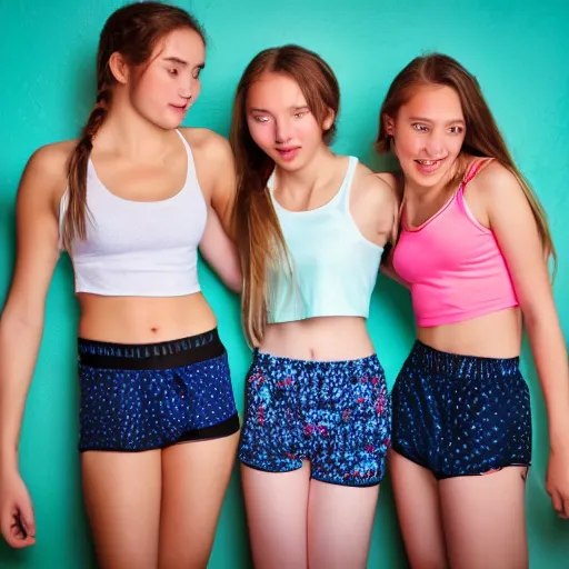 Prompt: wide shot photography of 3 teen girls wearing guys boxer shorts as well as a crop top, hd, deep focus, 4 k, photo realistic