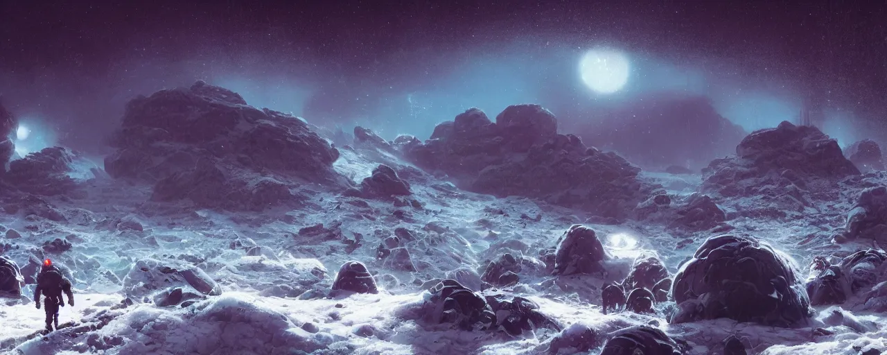 Image similar to lone explorer outer planet covered with ice, art by paul lehr, cinematic, detailed, epic, widescreen, opening, establishing, matte painting, photorealistic, realistic textures, octane render