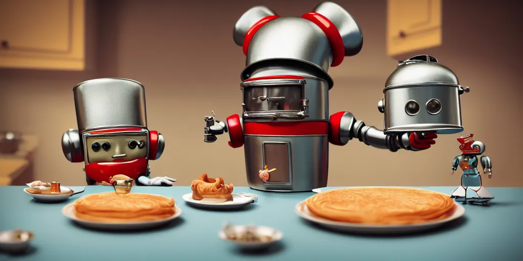 Image similar to closeup portrait of tin toy retro robot chef cooking pastry in a kitchen, depth of field, zeiss lens, detailed, centered, fashion photoshoot, by nicoletta ceccoli, mark ryden, lostfish, breathtaking, 8 k resolution, extremely detailed, beautiful, establishing shot, artistic, hyperrealistic, octane render