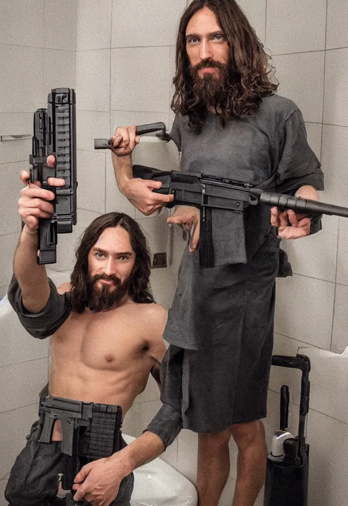 Image similar to jesus christ posing on instagram in his bathroom with an m 1 6