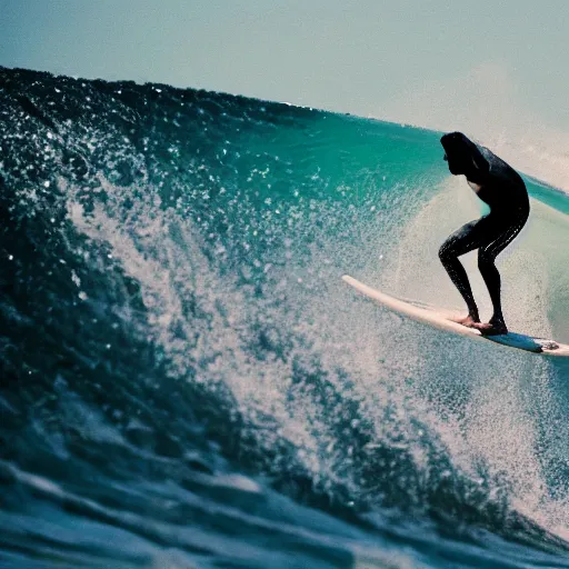 Prompt: a surfer on his board catching the waves, a tilt shift photo by thornton oakley, featured on flickr, superflat, chillwave, shot on 7 0 mm, flickr