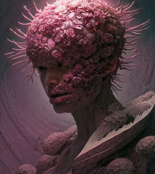 Image similar to portrait, descending into madness, flowers by wayne barlowe, toru kamei, artgerm and greg rutkowski, tanaka suguru, itsuko azuma, kinuko y. craft, mysterious, aesthetic!!! hyper detailed