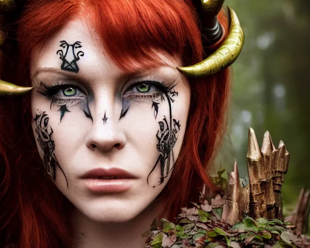 Image similar to 5 5 mm portrait photo of an armored gorgeous anesthetic redhead woman warrior with a face tattoo and demon horns growing from her head, in a magical forest in the style of stefan kostic, art by luis royo. highly detailed 8 k. intricate. lifelike. soft light. nikon d 8 5 0. cinematic post - processing