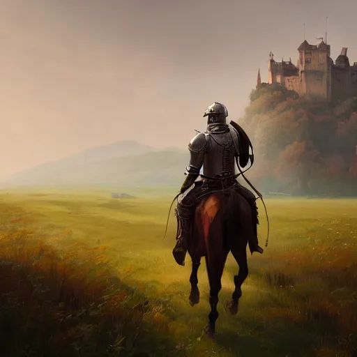 Image similar to A lone knight on horseback riding towards a castle in the distance in the middle of fields and meadows, fantasy, highly detailed, digital painting, artstation, concept art, illustration, art by Greg Rutkowski and Marc Simonetti